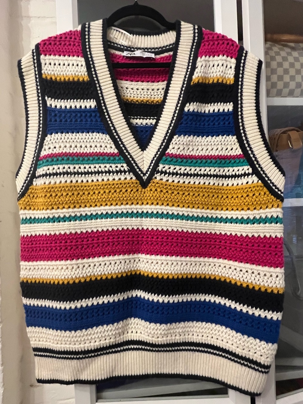 Zara Striped Crochet V-Neck Sweater Vest in Multi Colors